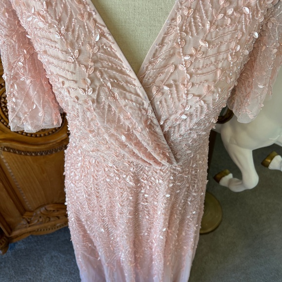 NWT Mac Duggal 35116 8 Pink Wrap Over 8 Flutter Sleeves Midi Beaded Dress Gown - Picture 3 of 10